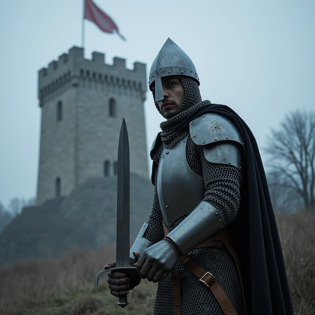 A towering knight stands clad in battle-worn armor. Their helmet is a norman helmet, crafted from dull, tarnished steel, with rust creeping along the edges. The knight grips a massive two-handed sword, the blade resting on the ground. Behind them, a stone castle looms ominously in the fog, banners torn and swaying in the cold night wind. The scene is heavy with tension, the air thick with anticipation of an impending battle.