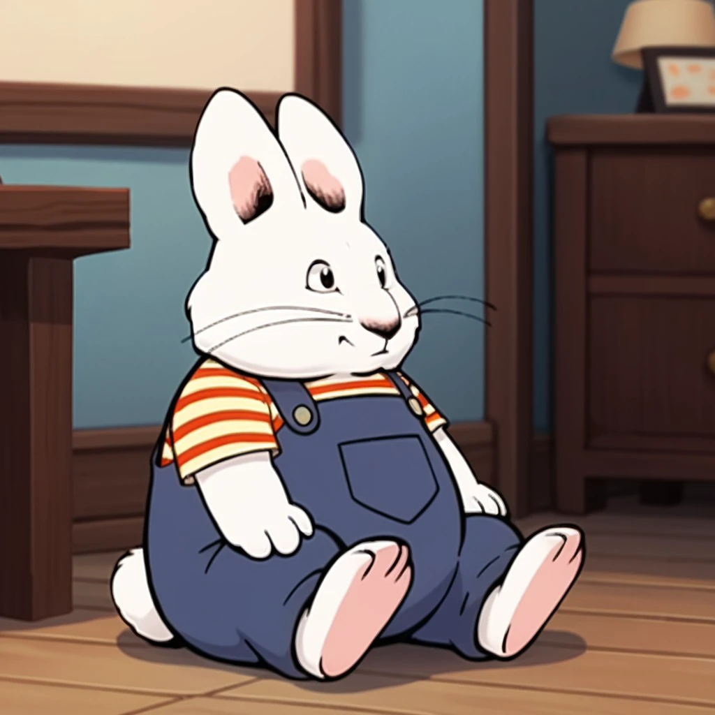 score_9, score_8_up, score_7_up, score_6_up, score_5_up, score_4_up, source_furry, maxm&r,  male, rabbit, white fur, long whiskers,  1boy, solo,  inside, full body, striped shirt, blue overalls,  sitting, <lora:f274f8ee-f984-456e-bb05-15c1b501779c:0.7>