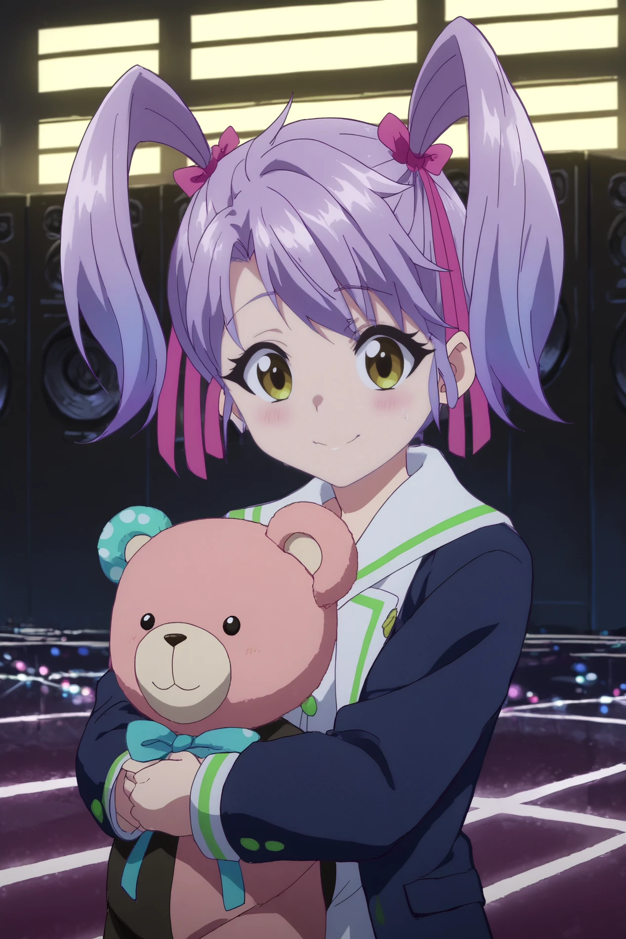  kurumi kumamakura,1girl,solo,smile,twintails,teddy bear,stuffed animal,stuffed toy,ribbon,yellow eyes,hair ribbon,purple hair,,looking at viewer,school uniform,jacket,lowlight,low light,oily skin,shiny_skin,upper body,smile,good_hands,standing BREAK indoors,nightclub,music,lights, dancefloor, DJ, speakers,shadows,led,purple neon led      <lora:Kurumi_Kumamakura_-_Musaigen_no_Phantom_World.safetensors:0.8> <lora:detailed_backgrounds_v2.safetensors:0.7> <lora:lowlight.safetensors:0.8>