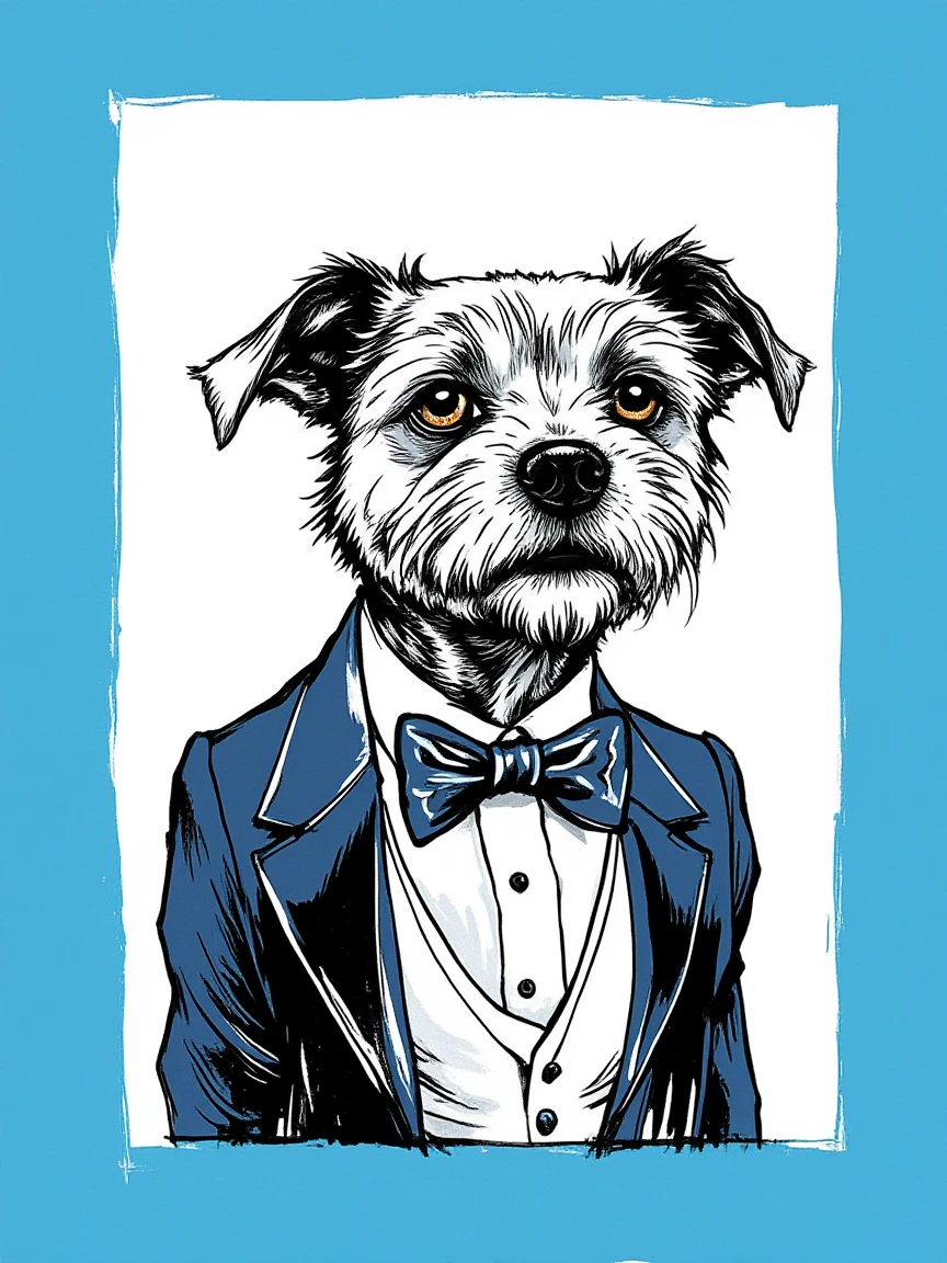 1nk3dw00f An illustrated image of a dog wearing a tuxedo and bow tie. background is light blue, frame is navy with thin white border, <lora:inkedgemono-simple_epoch-08:1.0>