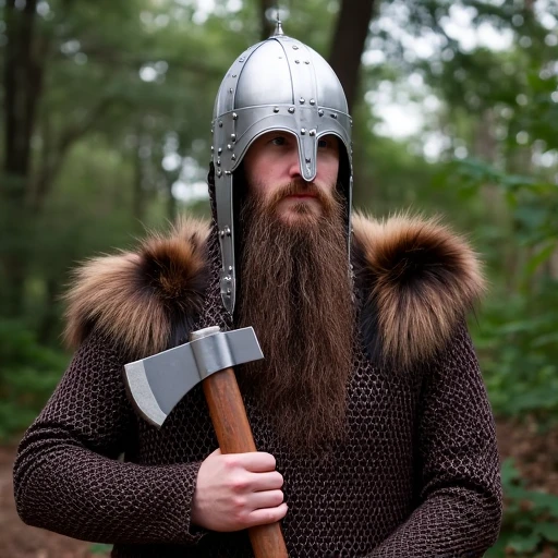 a man with a huge beard wearing a fur cloak over a rusty chainmail shirt holding a large axe wearing a steel viking helmet