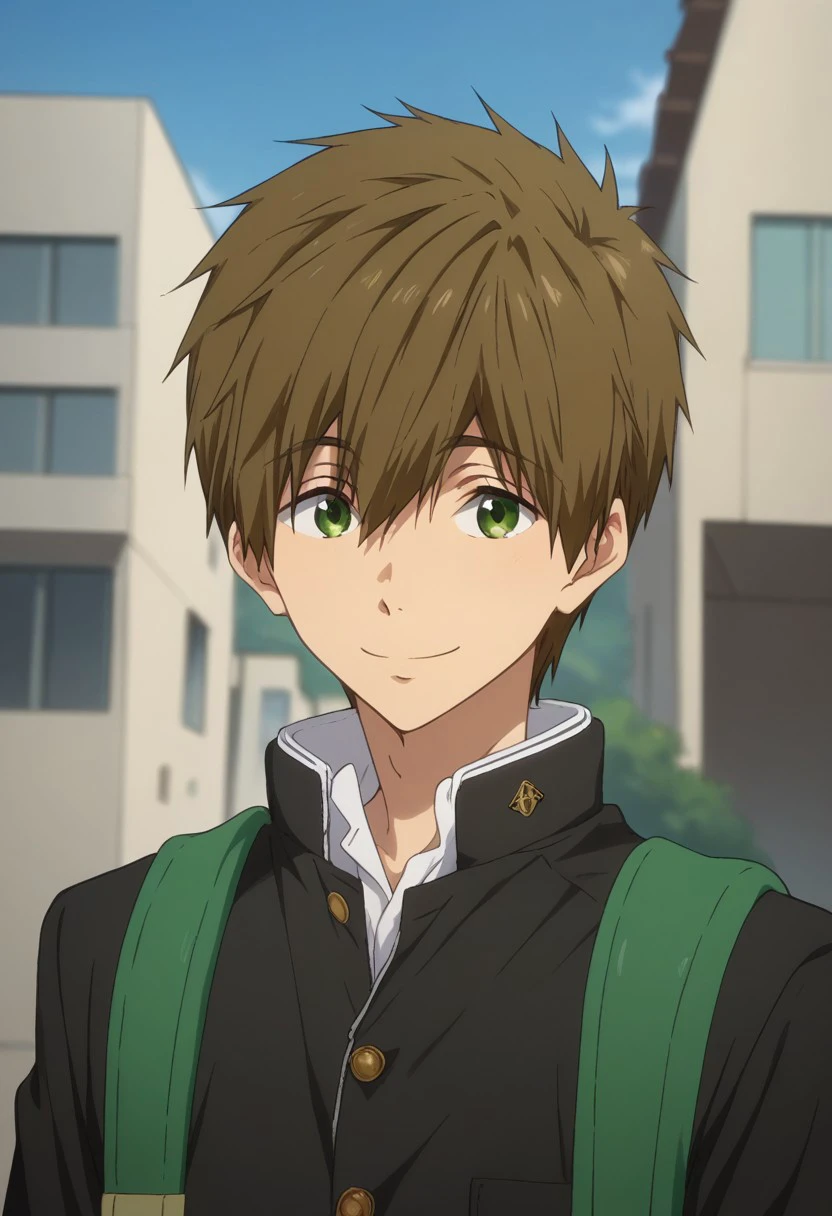 score_9, score_8_up, score_7_up, source_anime, highly detailed, 

makoto,1boy, male focus, solo, brown hair, hair between eyes, green eyes, school uniform, gakuran, jacket, black jacket, backpack, green backpack, school backpack, smile, closed mouth,
slender, skinny,
outdoor, sky, building,