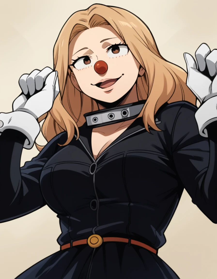 score_9, score_8_up, score_7_up, source_anime, <lora:camie-utsushimi-s3-ponyxl-lora-nochekaiser:1>, camie utsushimi, long hair, blonde hair, brown eyes, large breasts,, <lora:clown-ponyxl-lora-nochekaiser:1>, clown, makeup, clown nose, facepaint, gloves, long sleeves, frills, dress,, smile, open mouth, smug, , dutch angle, cowboy shot