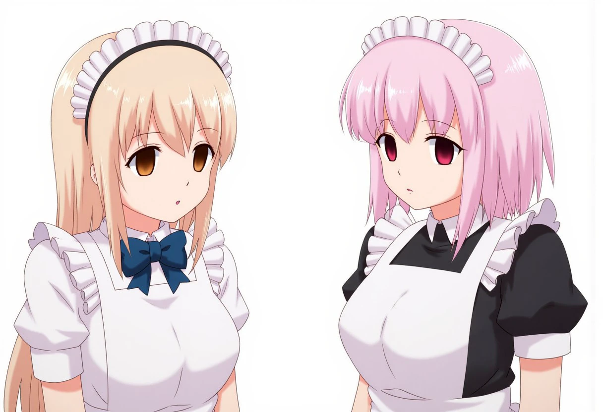 There are two adult females drawn in an anime style. They are both wearing maid uniforms. One female is hypnotized and has empty eyes. They are an obedient slave. The other female has mesmerizing red eyes and is hypnotizing. They are staring directly at each other.