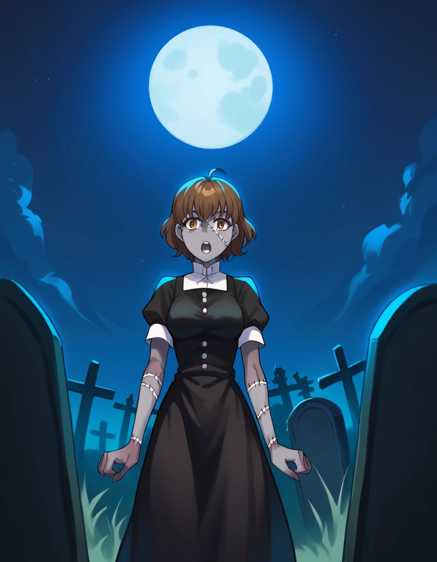 score_9, score_8_up, score_7_up, source_anime, <lora:honoka-tsutsui-s2-ponyxl-lora-nochekaiser:1>, honoka tsutsui, short hair, brown hair, brown eyes, medium breasts,, <lora:zombie-ponyxl-lora-nochekaiser:1>, zombie, colored skin, stitches, grey skin, multicolored skin, stitched face, zombie pose, halloween, halloween costume,, night, moon, graveyard, tombstone, grave, open mouth, , dutch angle, cowboy shot