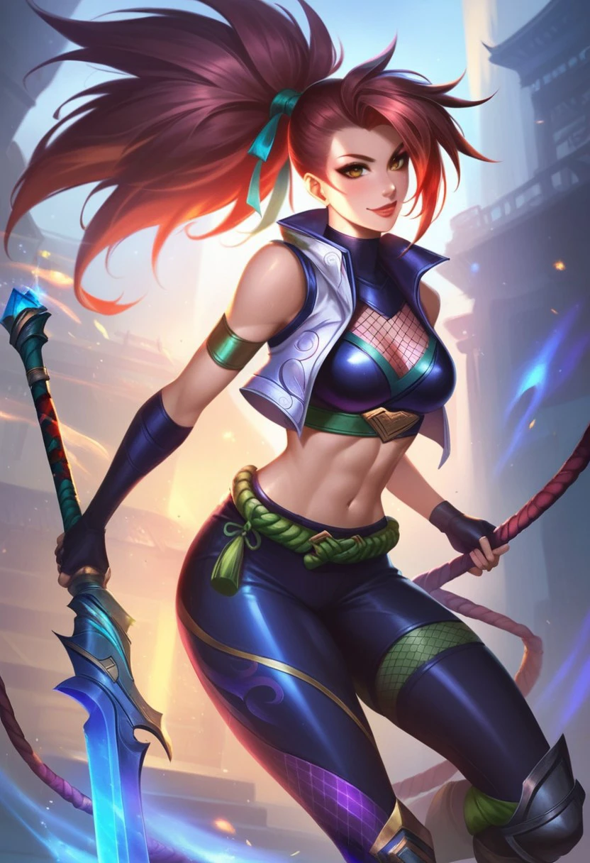 score_9, score_8_up, score_7_up, MLBB, Mobile Legends,
1girl, weapon, long_hair, black_hair, fishnets, ponytail, armor, breasts, bare_shoulders, looking_at_viewer, akali, ninja, holding, solo, ribbon, smile, hair_ribbon