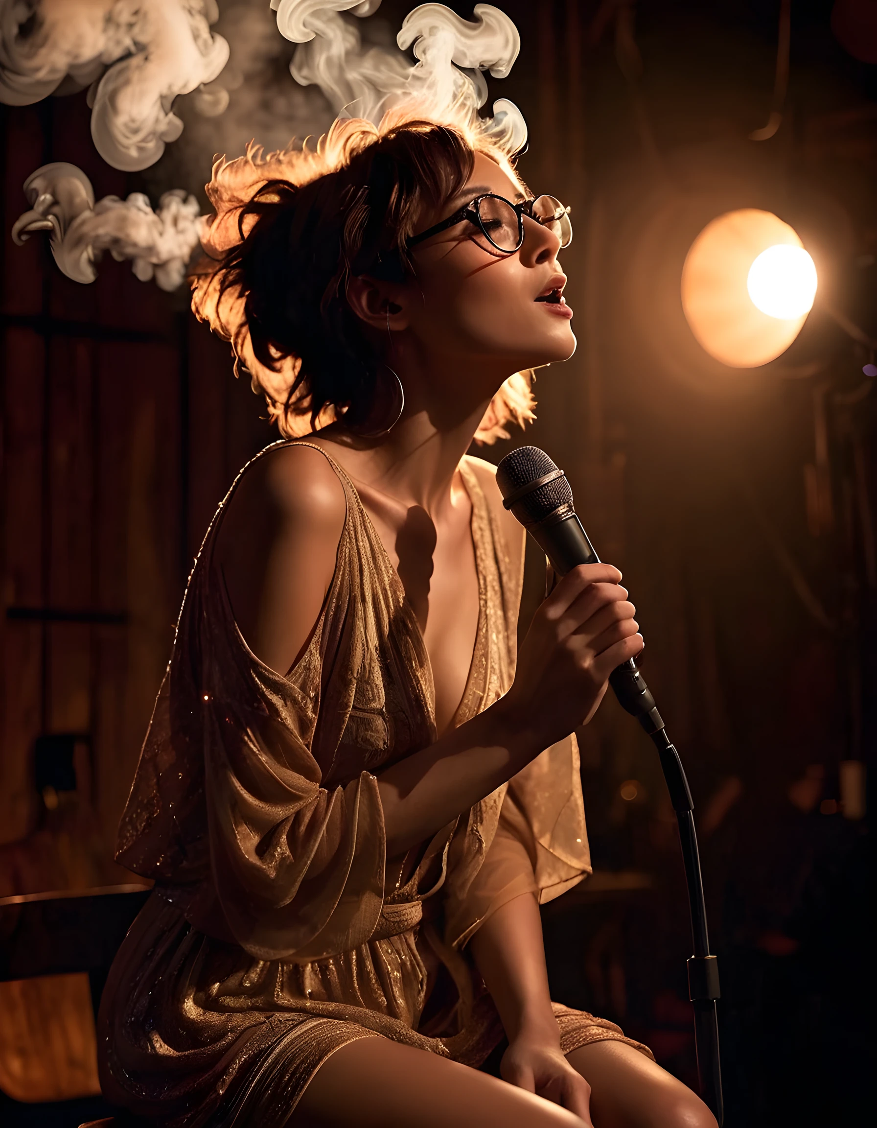 In a dimly lit jazz club, the captivating silhouette of JUL14N4C, a woman with her brunette hair cascading down her back, is center-stage. Clad in a one-of-a-kind outfit that blends bohemian and futuristic elements, she sits on an antique wooden stool, her glasses perched precariously atop her head. Her eyes are closed as if lost in the rhythm of the melody she's about to perform. A single spotlight casts a warm, golden glow onto her face, while a microphone hovers just inches away from her parted lips. The background is a blur of twirling smoke and swaying bodies, creating an ethereal atmosphere as she prepares to enchant the audience with her soulful voice.