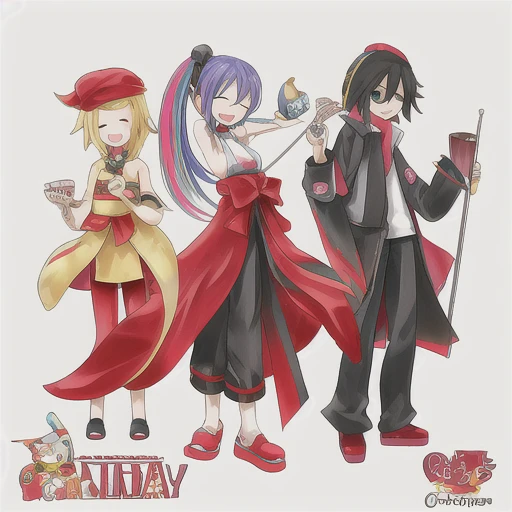 armpits, gloves, pants, baton (conducting), closed eyes, hood down, birthday cake, planted, detached sleeves, cake, baguette, race queen, pokemon (creature), side ponytail, music, bandeau, hat, treble clef, multicolored legwear, simple background, :d, ponytail, night, heart hands, yukata, shoes, yellow raincoat, chain, goggles on head, long hair, red hakama, looking at viewer, cherry, space