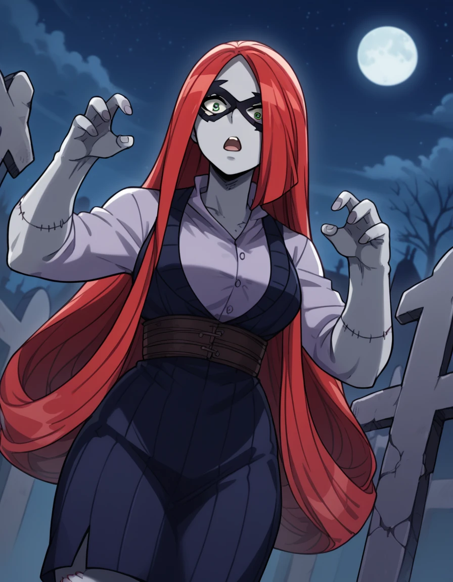 score_9, score_8_up, score_7_up, source_anime, <lora:kiruka-hasaki-movie2-ponyxl-lora-nochekaiser_r1:1>, kiruka hasaki, long hair, red hair, mask, domino mask, green eyes, forehead, large breasts,, <lora:zombie-ponyxl-lora-nochekaiser:1>, zombie, colored skin, stitches, grey skin, multicolored skin, stitched face, zombie pose, halloween, halloween costume,, night, moon, graveyard, tombstone, grave, open mouth, , dutch angle, cowboy shot