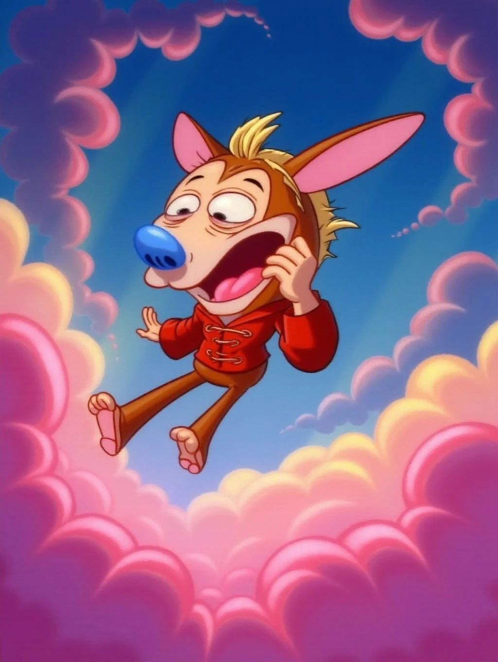 <lora:Flux.renandstimpySTYLE:1.2>, Stimpy floating through the air in the world of Looney Tunes, his body relaxed as neon-colored clouds twist and change shape around him , ((face close-up)), (hood furred) Blocky, Geometric Cartoon