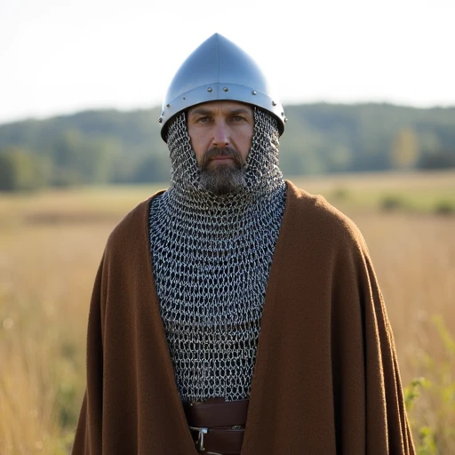 a man wearing a chainmail shirt and a steel norman helmet standing in a field