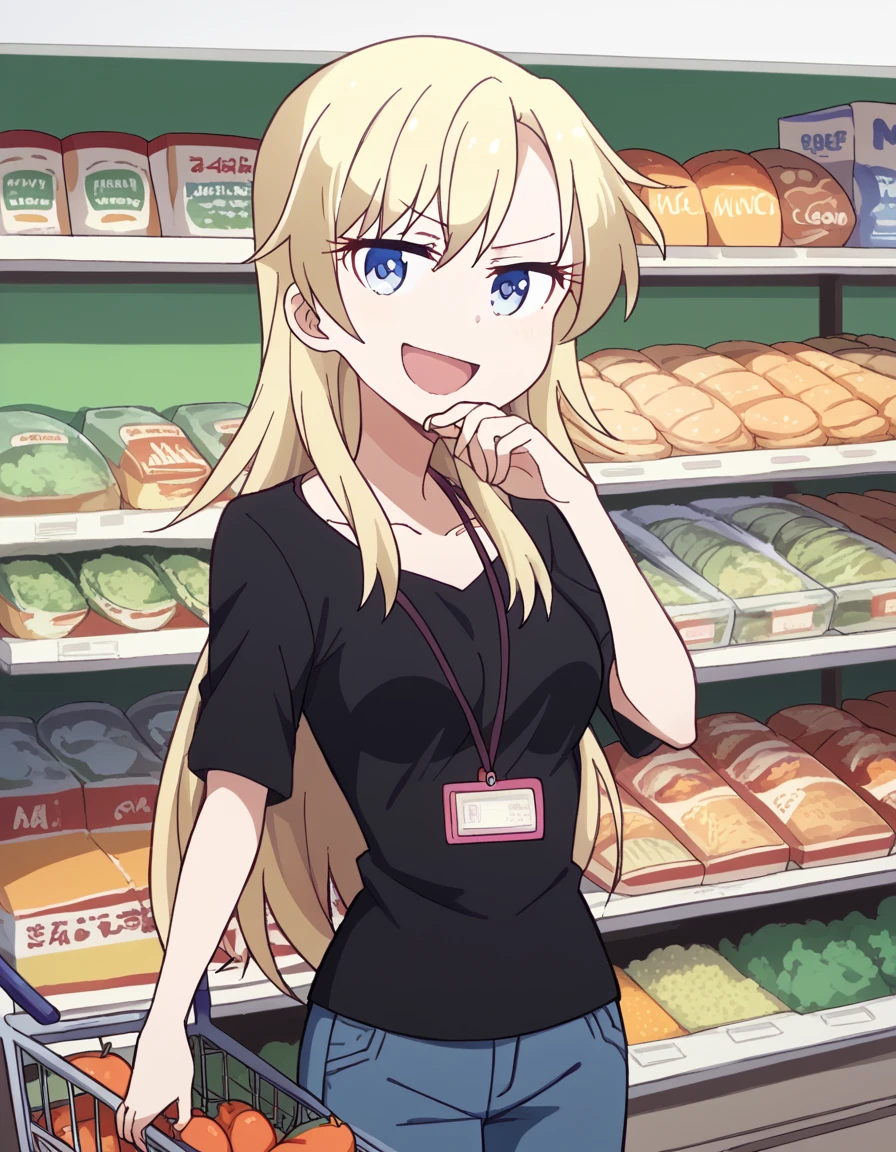 score_9, score_8_up, score_7_up, source_anime, <lora:kou-yagami-s2-ponyxl-lora-nochekaiser:1>, kou yagami, long hair, blue eyes, blonde hair, medium breasts,, shirt, collarbone, pants, black shirt, id card, lanyard, denim,, grocery store, shopping cart, picking fruits, everyday life, , smile, <lora:ojou-sama-pose-ponyxl-lora-nochekaiser:1>, ojou-sama pose, laughing, smug, hand to own mouth, open mouth,, looking at viewer, solo,, dutch angle, cowboy shot