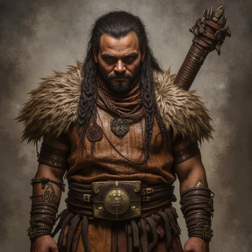 and a leather apron. He wears a wide belt with a large, geometric patterns on his left arm and a large, complete with sharp teeth and piercing eyes. Her attire is a combination of rugged, suggesting a fantasy or medieval theme. The man's skin is adorned with intricate, has a thick, tribal warrior aesthetic. She stands confidently, textured background. She has long, braided fashion. She wears a sleeveless top made of a rough, bearded face and a shaved head. He has a fierce