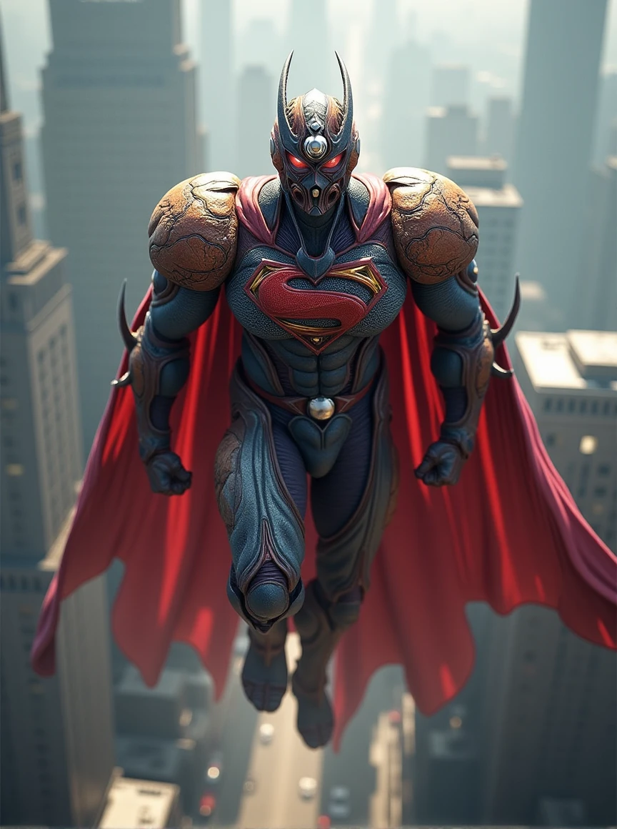 the guyver of biological armor,a superman of dc flying over the city