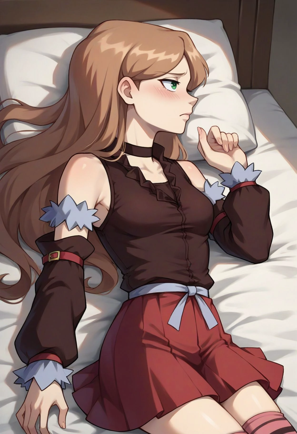 score_9, score_8_up, score_7_up, score_6_up, score_5_up, score_4_up, source_anime, 1woman, she sit on bed, sexy smile, red hair, braids, close eyes, w-w-chain, show woman in shackles, long hair, green shirt, shorts, thigh boots, red boots, heels, night, key down ,shackles hanging on the wall dungeon, best quality, best res, 4K UHD,
