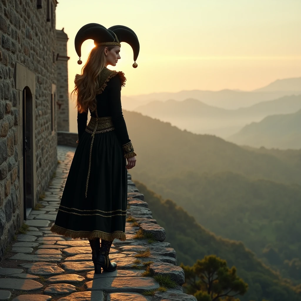 Imagine an image in the style of photorealism of a female jester walking along the ramparts of a medieval castle at dawn. She wears a traditional harlequin jester costume in black and gold, her pointed shoes jingling softly as the morning mist rises from the valley below. The castle's stone walls and the early morning light bring a sense of calm to the scene.