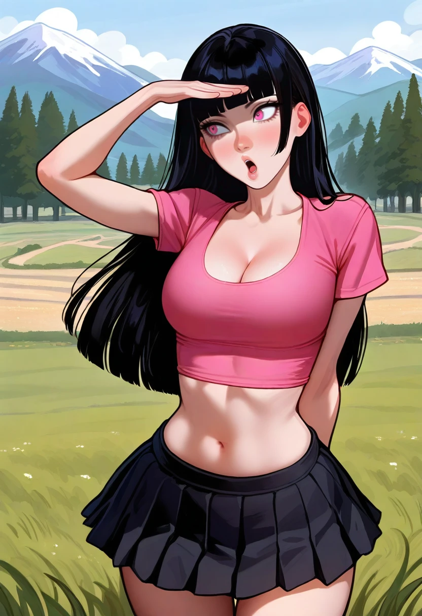 best quality, amazing quality, very aesthetic, absurdres,ict style,nose, lips,outdoors, grass, tree,blue sky,plateau,mountain,1girl,solo,cowboy shot, black hair, long hair, blunt bangs,pink eyes, pink t-shirt, crop top, black pleated skirt,cleavage,medium breasts,looking afar, looking to the side,shading eyes,:o, open mouth, surprised,thighs, arm behind back,short sleeves, arm up,black skirt,(from side:0.9) <lora:AromaSenseIIllus:1>