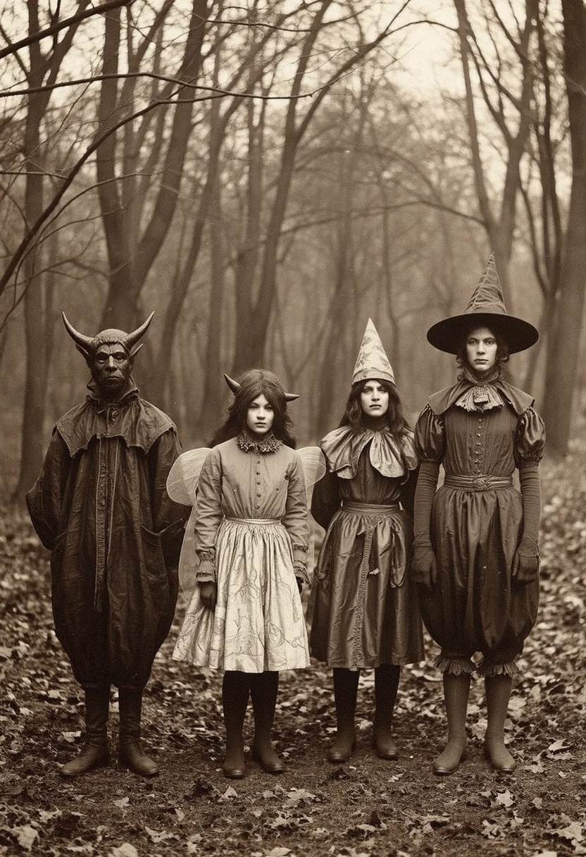 VintageHalloween. A faded photo showing four people in costumes resembling characters from European folkloreâone dressed as a devil with tiny horns, another as a fairy with gossamer wings, and two others in jester-like outfits. The figures stand in a wooded area, with bare trees and fallen leaves underfoot. The lighting is natural but overcast, giving the image a somber, dreamlike quality. The scene has an unsettling feel, as the costumes are detailed but slightly off-kilter. <lora:VintageHalloween-step00001600:0.8>,