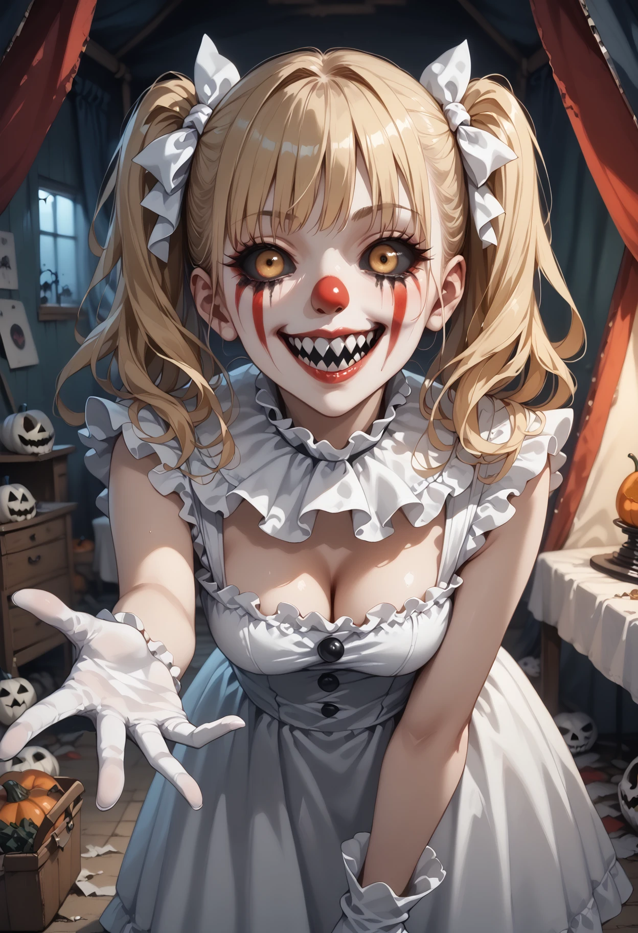 score_9, score_8_up, score_7_up, 1girl, solo, clown, blonde hair, bangs, twintails, long hair, hair ribbon, white ribbon, yellow eyes, (black sclera:1.2), crazy smile, wide-eyed, crazy eyes, facepaint, make up, red nose, clown nose, sharp teeth, open mouth, looking at viewer, white dress, neck ruff, white gloves, bent over, reaching, horror theme, tent, night, indoors