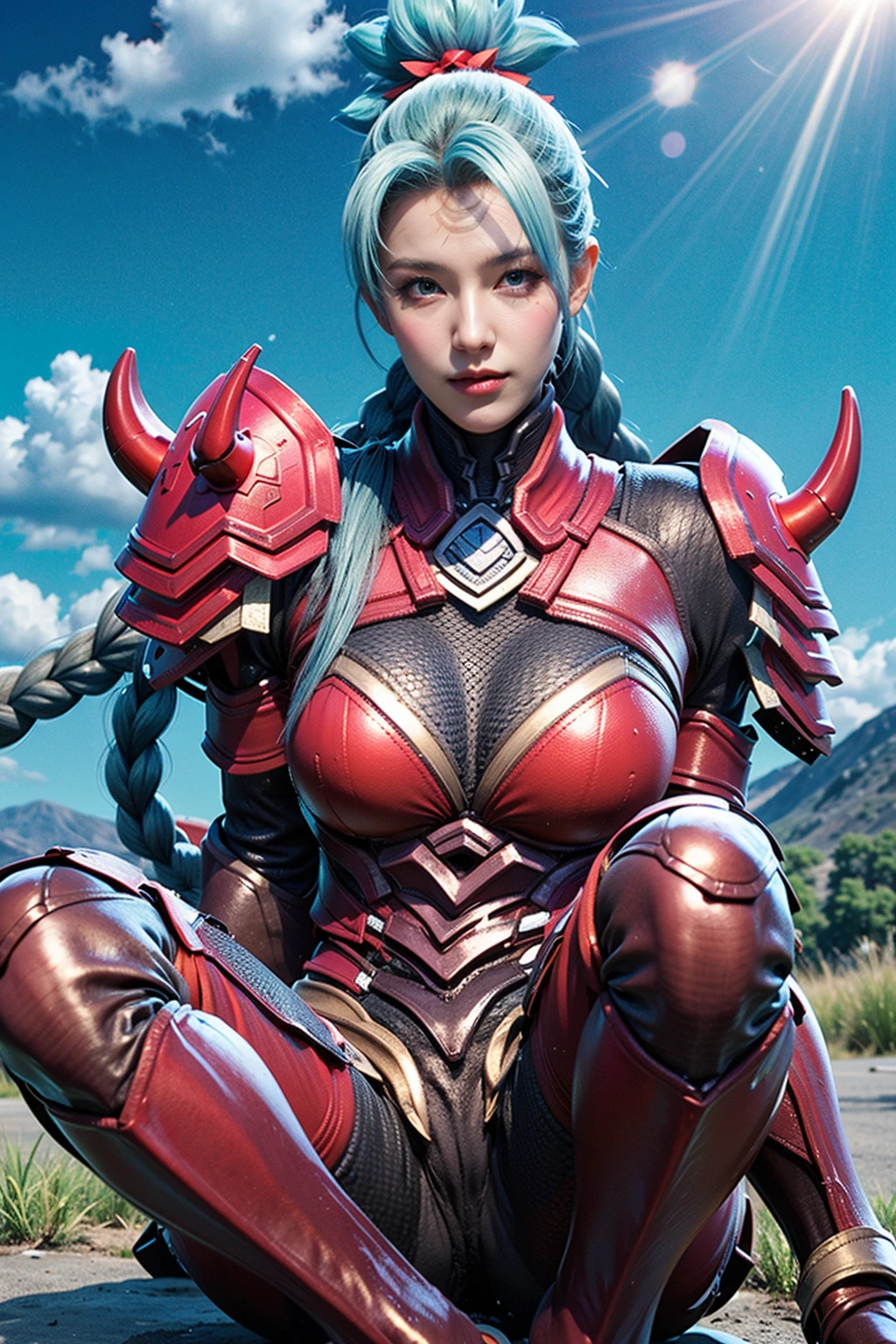 <lora:Airi_Bloodraid_AoV_Model_LoRA:0.8>, Airi_BL, 1girl, solo, long hair, braid, twin braids, bangs, asymmetrical bangs, blue hair, looking at viewer, blue eyes, facial mark, parted lips, closed mouth, breasts, large breasts, armor, power armor, shoulder armor, gloves, bodysuit, boots, armor boots, high hell, 
, ((outdoors, sky, day, cloud, blue sky, sunlight, grass, scenery, fence, sun, road))
, realistic, photo realistic, real life insert,, best quality, ultra high res, (photorealistic:1.4), masterpiece, real life skin, hyper real