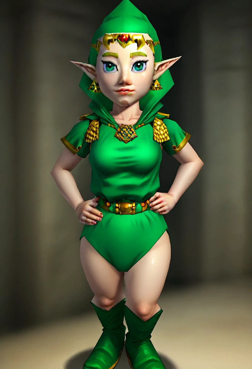 1girl, solo, breasts, looking at viewer, medium breasts, closed mouth, green eyes, cowboy shot, pointy ears, hand on hip, princess zelda
Tingle costume, green bosysuit, leather belt, gold buckle, watch around the neck, green hood, blue backpack, green boots.ears covered by the hood