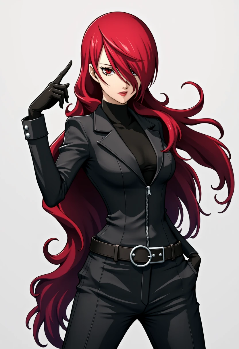 A detailed solo portrait of mitsuru kirijo
Anime style, sharp, high contrast and highly detailed.,
<lora:persona_3_mitsuru_kirijo_flux_v1_2-000013:1>,,
Full body. simple background, serious face.
She is wearing a sleek, form-fitting black suit consisting of a tailored jacket and matching trousers, giving the character a sharp, professional appearance with an edgy vibe. The black jacket is zipped up, with a slight opening at the top that reveals a black inner layer. The character also sports a belt with a circular buckle, adding a bit of flair to the otherwise monochromatic look. The straight-cut trousers complement the slim silhouette, elongating the legs and adding to the overall commanding presence.
The pose is dynamic and confident, with legs spread wide, creating a grounded stance. One hand is pointing at the temple, a gesture that suggests cleverness or strategy, while the other hand rests casually on the hip. The characterâs long red hair flows behind, emphasizing movement and power. This overall look conveys strength, control, and confidence, perfectly fitting a character with leadership qualities.