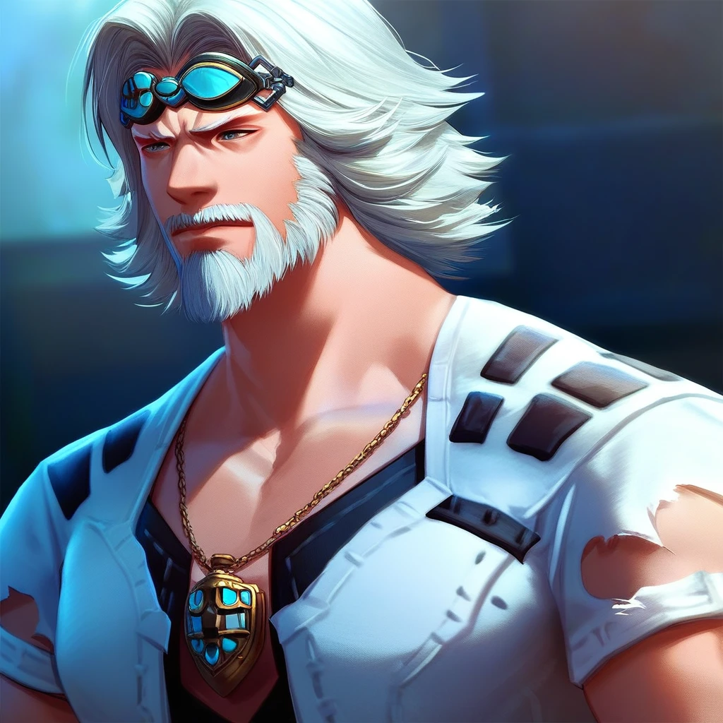 cid nan garlond, 1boy, male focus, facial hair, solo, goggles, beard, goggles on head, white hair, jewelry, necklace, shirt, mustache, upper body, white shirt, torn clothes, source_anime, score_9, score_8_up, score_7_up, score_6_up, score_5_up, score_5_up, score_4_up