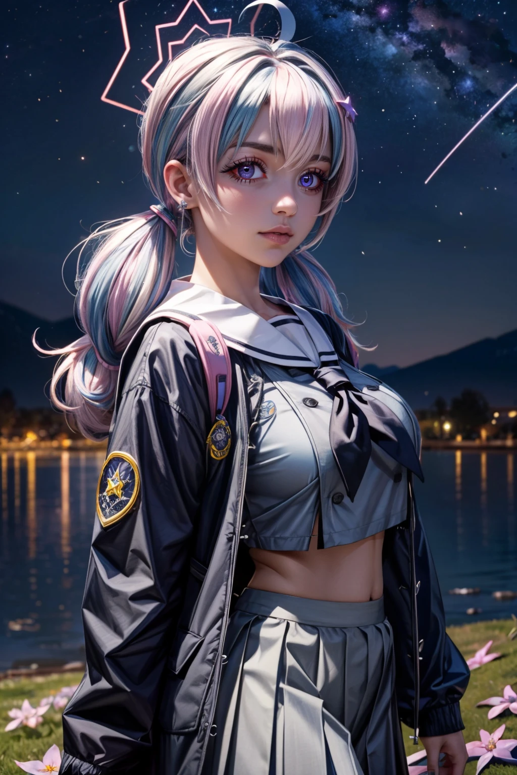 (ultra realistic,32k, masterpiece:1.2),(high detailed skin:1.1),( high quality:1.1), <lora:IllyasvielVonEinzbern_v1:0.7>, zzIllya, looking at viewer, night, outdoors, sky, BREAK,   <lora:Reisa_BlueArchive_Citron:0.8>, zzReisa, long hair, multicolored hair, blue hair, pink hair, hair ornament, light blue hair, streaked hair, twintails, star hair ,ornament, halo, ahoge, two-tone hair, purple eyes , black neckerchief, grey serafuku, star (symbol), white sailor collar, long sleeves, grey shirt, grey skirt, pleated skirt, open jacket, ,, black jacket, backpack, navel, midriff  ,BREAK,  blooming stars, luminescent petals, otherworldly fragrance blurry background, (looking at viewer, standing:1.1), huge breast, large breast, <lora:add_detail:0.92>, (glowwave:1.1),