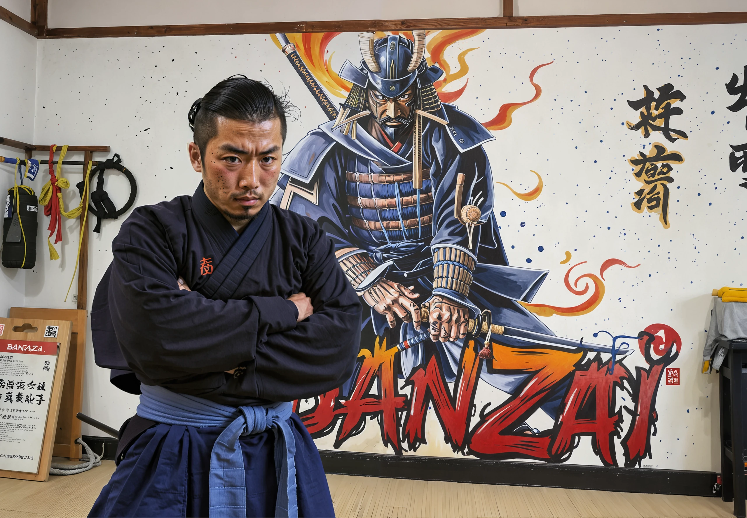 photography of (a kendo practitioner looking at the camera:1.3) in his traditional dojo full of fighting stuff. on the wall behind a masterpiece intricate graphiti manga-style colored samurai in a fighting pose with sharp aggressive curls , the stylized multicolored word âBANZAÃ¯â below. <lora:graphiti4flux:1.3> graphiti