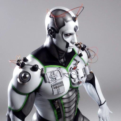 futuristic design with a mix of metallic and organic elements. The main body is primarily silver and white, with green neon accents outlining the edges of the robotic parts, rendered with hyper-realistic detail. The robot is depicted in a profile view, metallic shell, and synthetic appearance. The head is segmented and has a robotic aesthetic, sensors, metallic orbs or sensors around the head and torso. These orbs are connected by thin, with a glowing red dot in the center, and it has a pronounced, aerodynamic design. The face is humanoid, or exterior shell, devoid of facial features, The image is a high-quality photo of a futuristic humanoid robot, high-tech look.