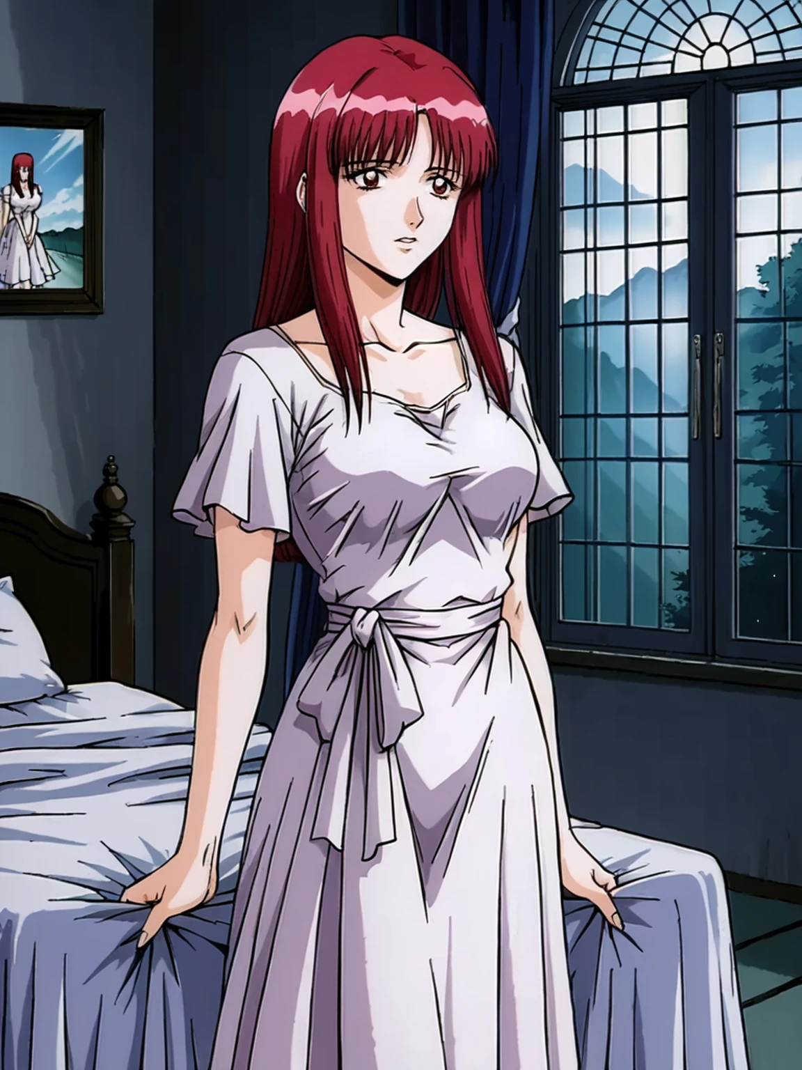 bedroom, big window
1girl, source_anime,  score_9, <lora:zPDXL3:0.45> <lora:Pony_DetailV2.0:0.5> asymmetrical
yoenhimalt <lora:Yoenhime:0.85>, dress, red hair, red eyes