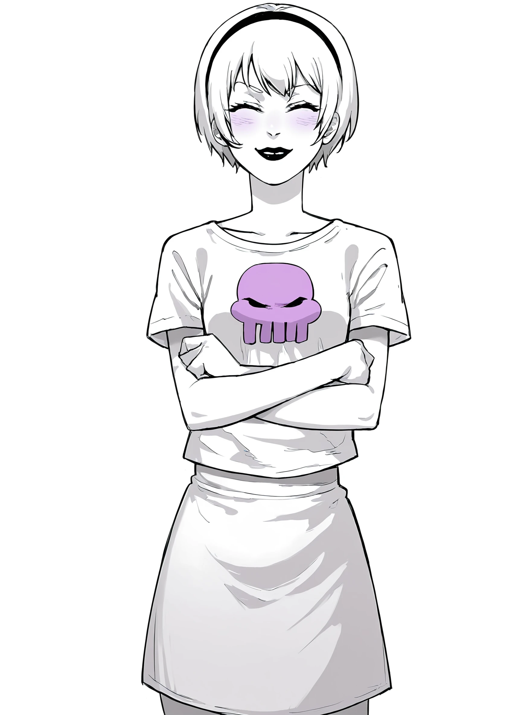 core_9, score_8_up, score_7_up, score_6_up, score_5_up, score_4_up, 1girl, white hair, black hairband, black lips, purple eyes, shirt print, <lora:Rose_Lalonde_-_outfits:0.8>, rosestart, shirt print, 1girl, solo, blush, smile, short hair, open mouth, skirt, simple background, shirt, white background, closed eyes, white hair, whit skirt, miniskirt, short sleeves, hairband, :3, colored skin, crossed arms, t-shirt, personification, sketchy, manga, <lora:Fujimoto_chainsawman:1> fujichai, monochrome, BREAK source_anime