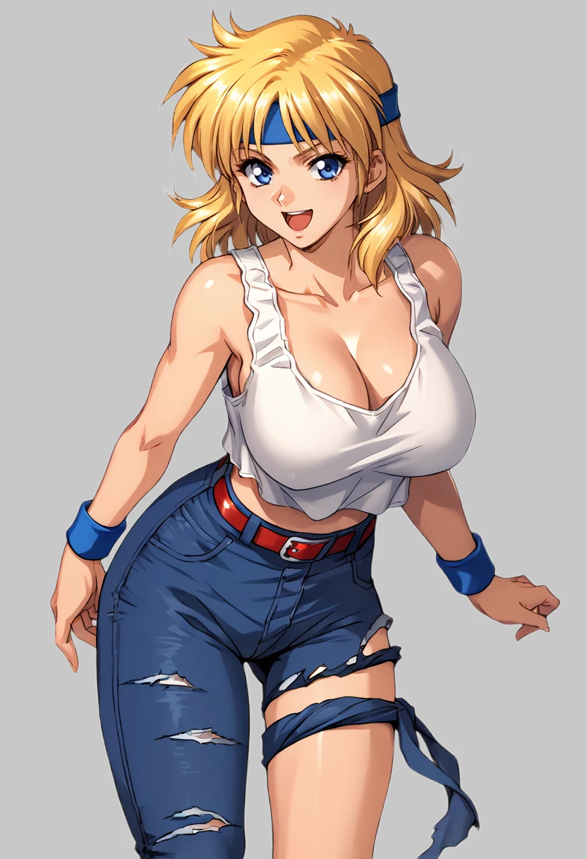 score_9, score_8_up, score_7_up, source_anime BREAK 1girl, solo, <lora:srw_ryune:1>, srw_ryune, full body, (1990s\(style)\:0.5), white tank top, belt, torn jeans, asymmetrical legwear, thigh strap, midriff, wristbands, large breasts, cleavage, blonde hair, bangs, blue headband, medium hair, blue eyes, looking at you, smile, open mouth, simple background