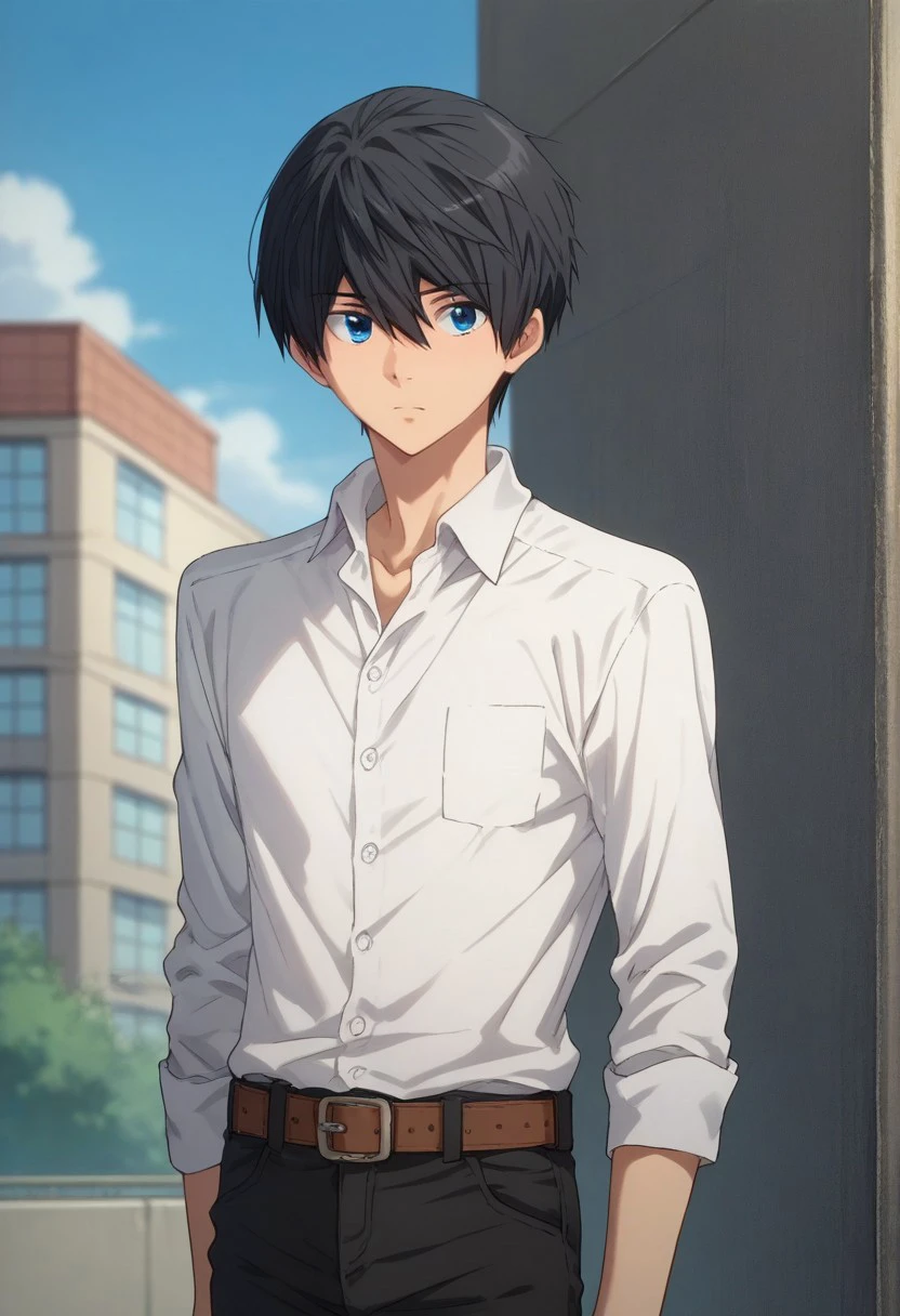 score_9, score_8_up, score_7_up, source_anime, highly detailed, 

haruka, 1boy, male focus, solo, black hair, short hair, hair between eyes, blue eyes, shirt, white shirt, collared shirt, belt, pants, black pants, slender, skinny,

outdoor, sky, building,