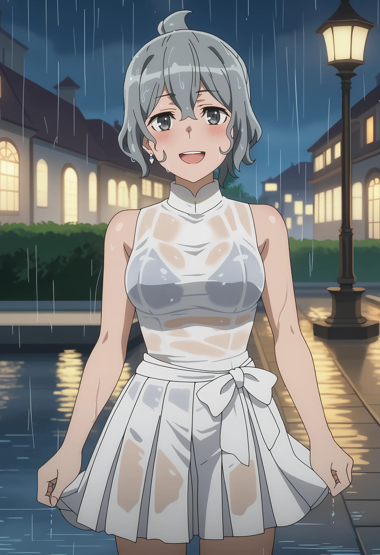 score_7_up, anime screencap,
<lora:DanMachi_SyrFlovaXL:0.9>,
1girl, solo, open mouth, smile, blush, upper teeth only,
wet hair, short hair, short ponytail, grey hair, grey eyes, hair between eyes, earrings,
SyrDate, wet shirt, collared shirt, white shirt, sleeveless, wet skirt, bow skirt, pleated skirt, white skirt, white bow,
thigh gap, zettai ryouiki, looking at viewer,
dark, night, rain, raining, outdoors, lamppost, fantasy, city, fountain, blurry background