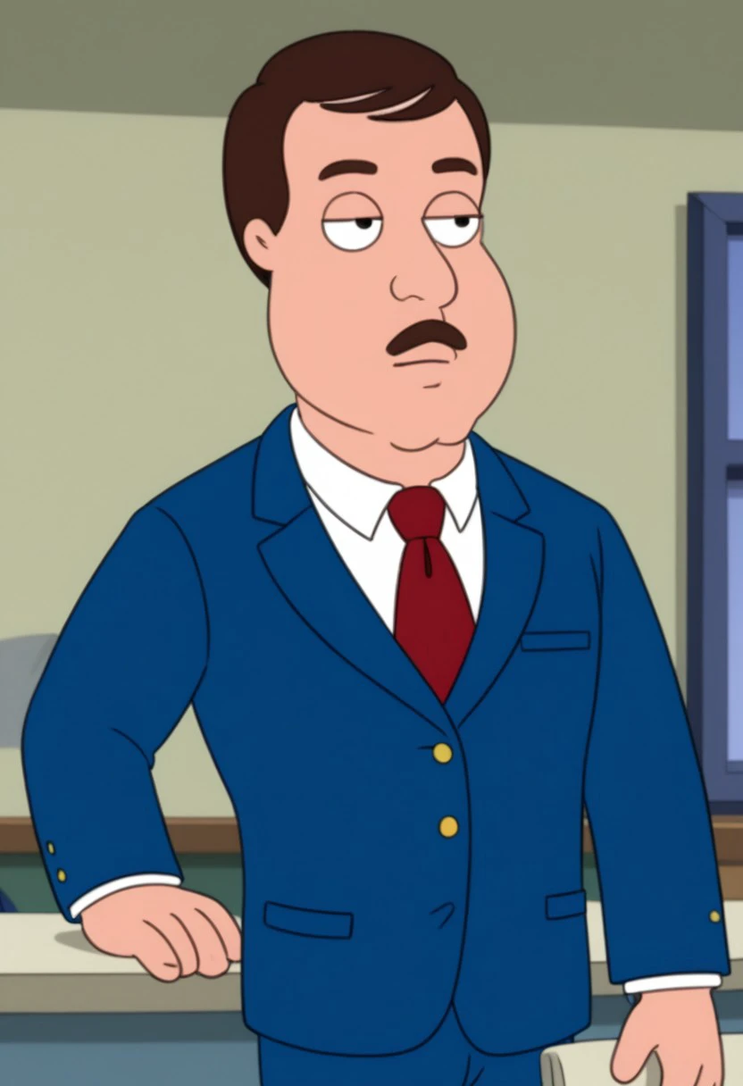 Tom Tucker, Brunette hair, Moustache, middle aged, butt chin, Male, Portrait, blue suit, red neck tie, solo,