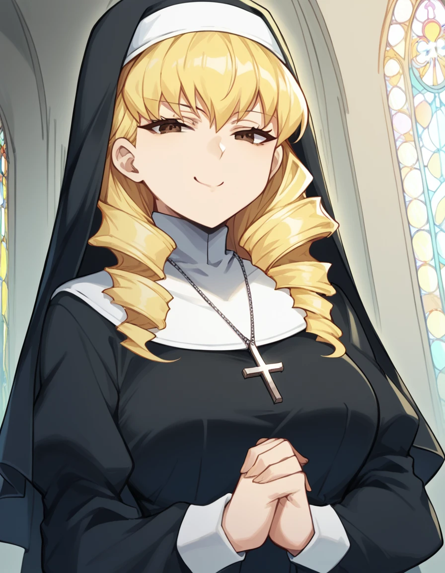 score_9, score_8_up, score_7_up, source_anime, <lora:ayari-shiki-s2-ponyxl-lora-nochekaiser:1>, ayari shiki, long hair, blonde hair, brown eyes, drill hair, large breasts,, <lora:traditional-nun-ponyxl-lora-nochekaiser:1>, traditional nun, nun, habit, long sleeves, dress, black dress, jewelry, black veil, cross, cross necklace,, church, smug, praying,, , dutch angle, cowboy shot