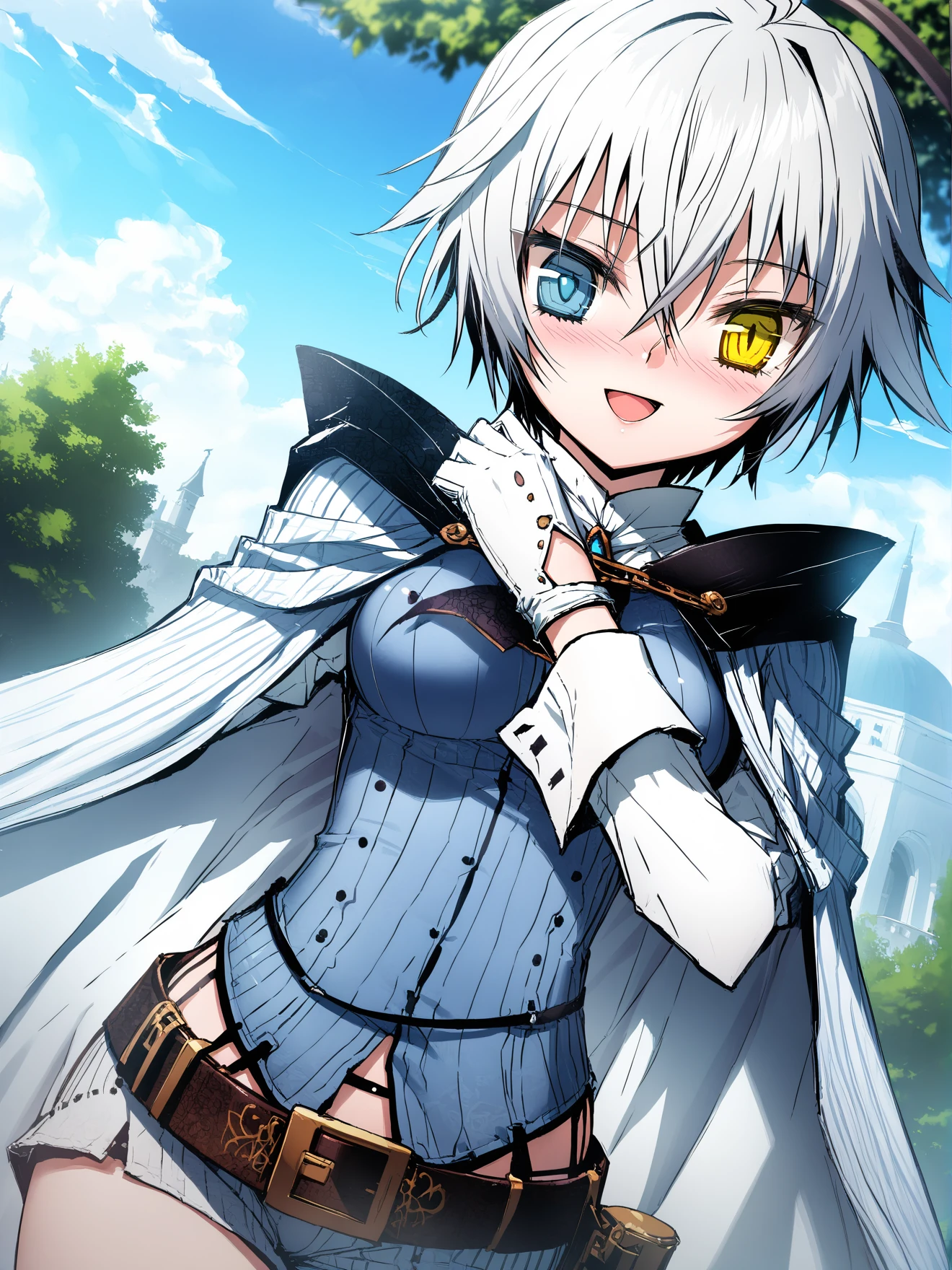 masterpiece, best quality, high quality, aesthetic, absurdres, insanely detailed,
1girl, heterochromia, famale focus, yellow eyes, blue eyes, blush, gloves, short hair, medium breasts, open mouth, smile, cape, sky, tree, cloud, day, androgynous, belt, outdoors, long sleeves, white hair, dutch angle, looking at viewer, 
<lora:oishi-ryuko-style-xl_v1.0:1>