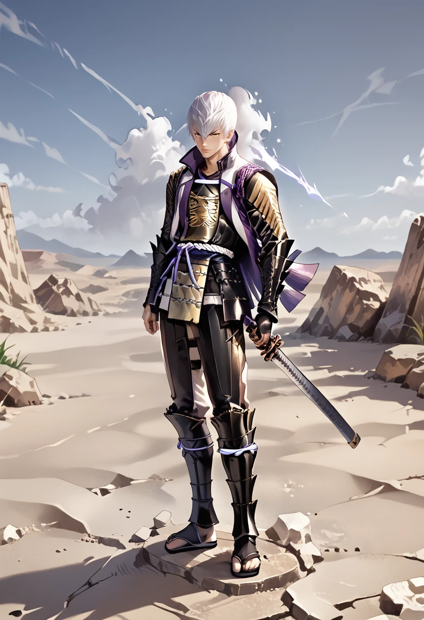 source_anime, (masterpiece), (best quality), score_9, score_8_up, score_7_up, (masterpiece:1.2), (best quality:1.3), 1boy, <lora:Mitsunari_Ishida_Sengoku_Basara:0.8> misshi_sgbs, popped collar, hair between eyes, white hair, holding katana, fighting stance, japanese armor, masterful composition, dynamic movement <lora:Anime Style (Vauxz) PONY:0.8>, low-key lighting, lo-fi, glow, dynamic cinematic lighting, ray_tracing, global illumination, <lora:Ayuli2424PDXL32v0.901tx1:0.55> a0b, in The Obsidian Desert background