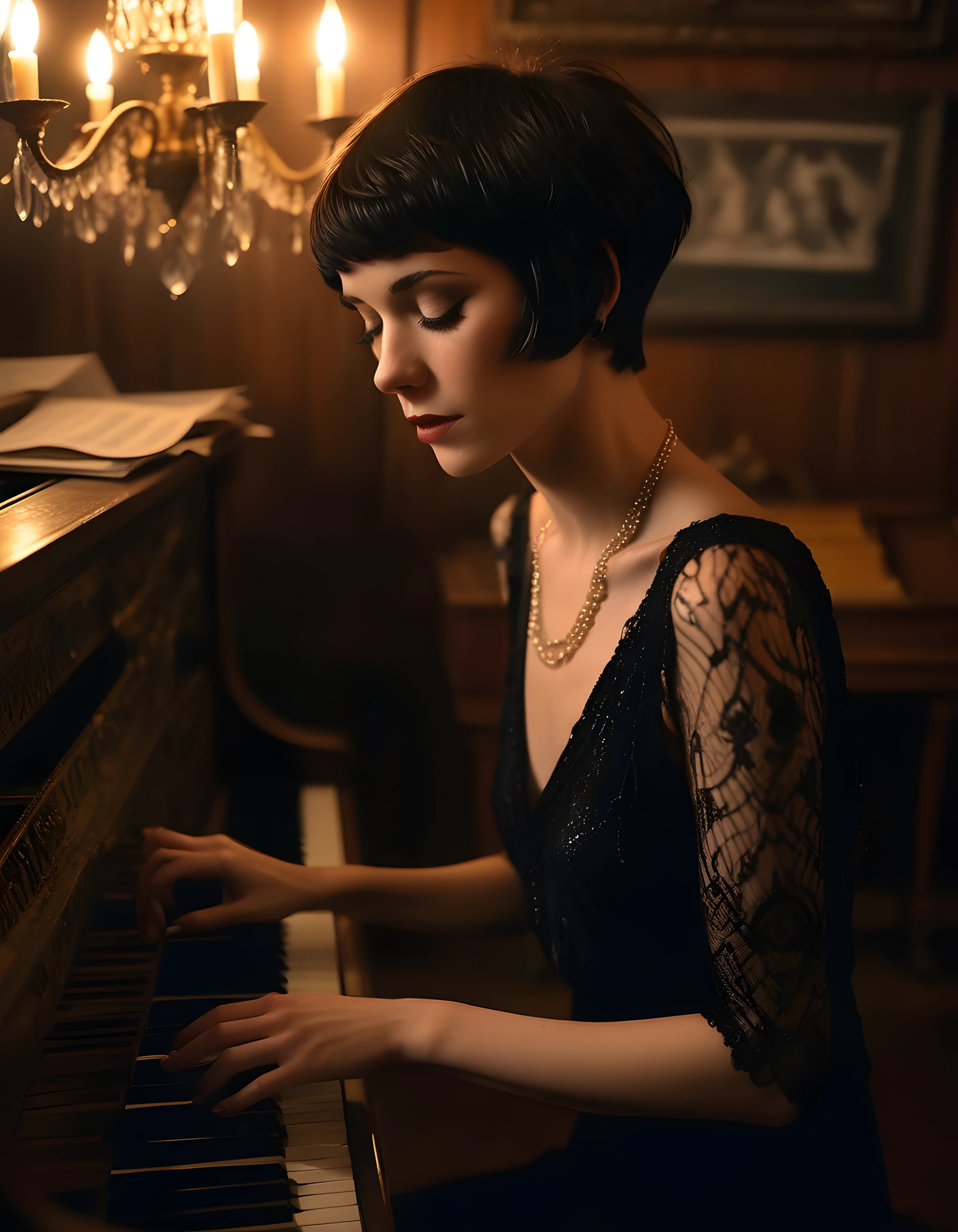 In a dimly-lit, bohemian jazz lounge bathed in the warm, amber glow of vintage chandeliers and flickering candles, a visibly captivating woman named Jul14n4c, with her raven-black, short pixie cut hair styled asymmetrically, dons an avant-garde outfit that blends the elegance of a 1920s flapper dress with futuristic elements. She sits at an old, worn wooden piano, adorned with intricate carvings, her slender fingers gracefully gliding over the keys as she plays a hauntingly beautiful melody with her eyes closed, lost in the music, the soft notes echoing through the smoky room and creating a profound emotional resonance that transcends time. The camera is positioned at an angle from above the piano, capturing her intense concentration and the mesmerizing interplay of light and shadow on her face, casting a spellbinding allure over the entire scene.