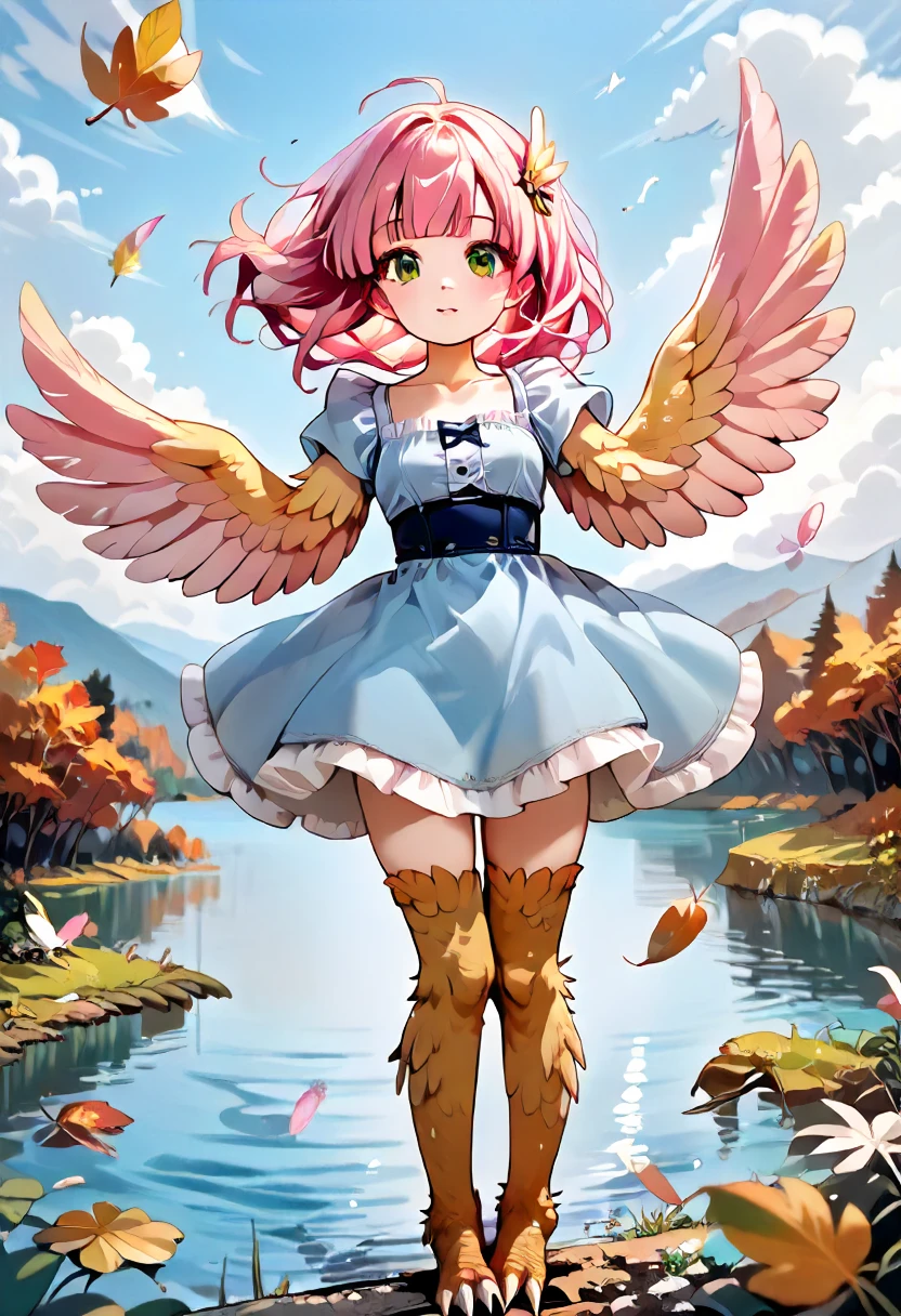 score_9,score_8_up,score_7_up,score_6_up, source_anime,2D, autumn,winged arms,harpy,flying,blue sundress,lake,sky,cloud,green eyes,pink hair,pastel feathers,leaves,wind,<lora:Expressive_H:0.6> <lora:SkindentationSlider:2>  <lora:winged_arms_style:0.9>