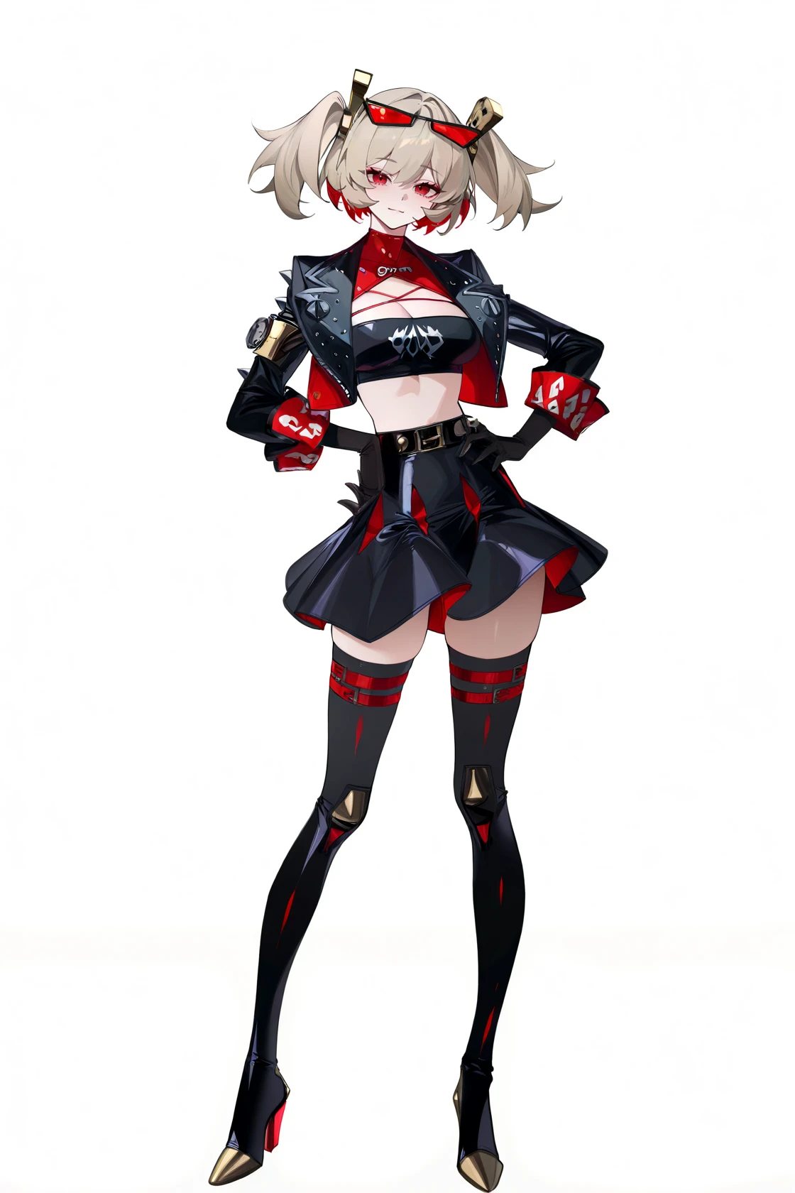 red eyes, multicolored hair, streaked hair, thighhighs, grey hair, full body, hair ornament, platform footwear, bow, cleavage, jacket, black hair, white background, looking at viewer, fishnets, red jacket, bangs, black footwear, sakamata chloe, sakamata_jirai, large breasts, jacket, BAND-AID hair ornament