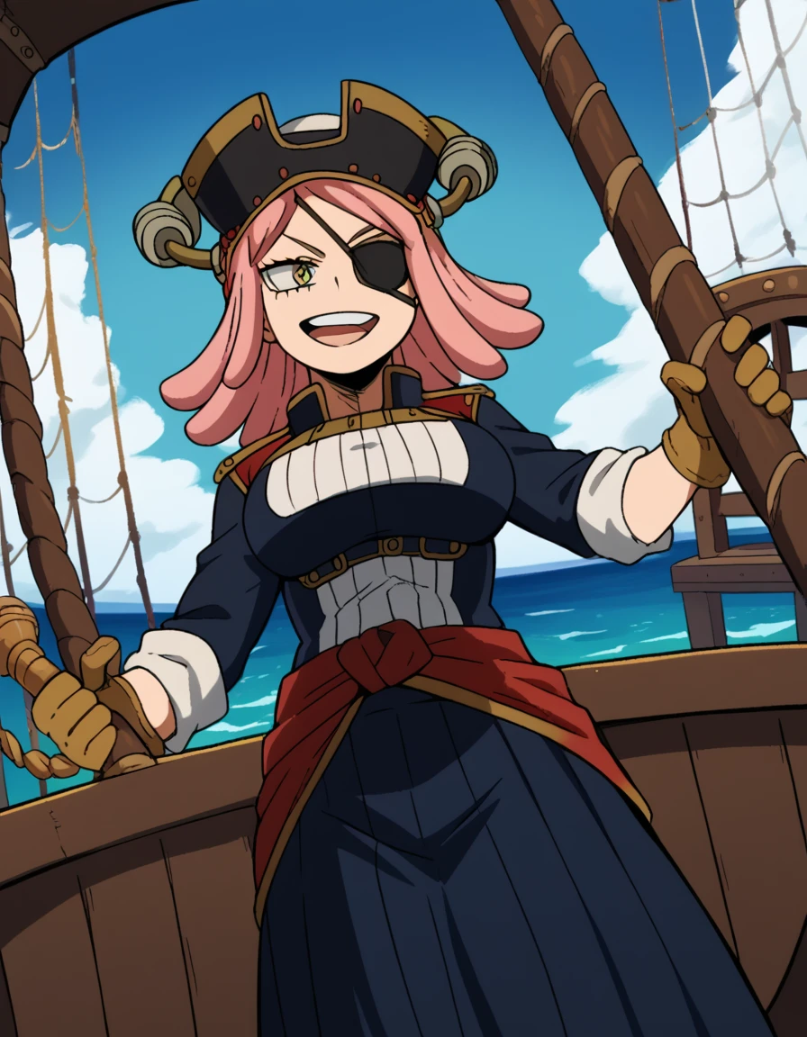 score_9, score_8_up, score_7_up, source_anime, <lora:mei-hatsume-s3-ponyxl-lora-nochekaiser:1>, mei hatsume, yellow eyes, pink hair, medium hair, symbol-shaped pupils, large breasts,, <lora:pirate-costume-ponyxl-lora-nochekaiser:1>, pirate costume, pirate hat, skirt, gloves, jacket, shirt, eyepatch,, blue sky, sea, ocean, pirate ship, treasure, gold, smug, open mouth, from below, sitting,, , dutch angle, cowboy shot