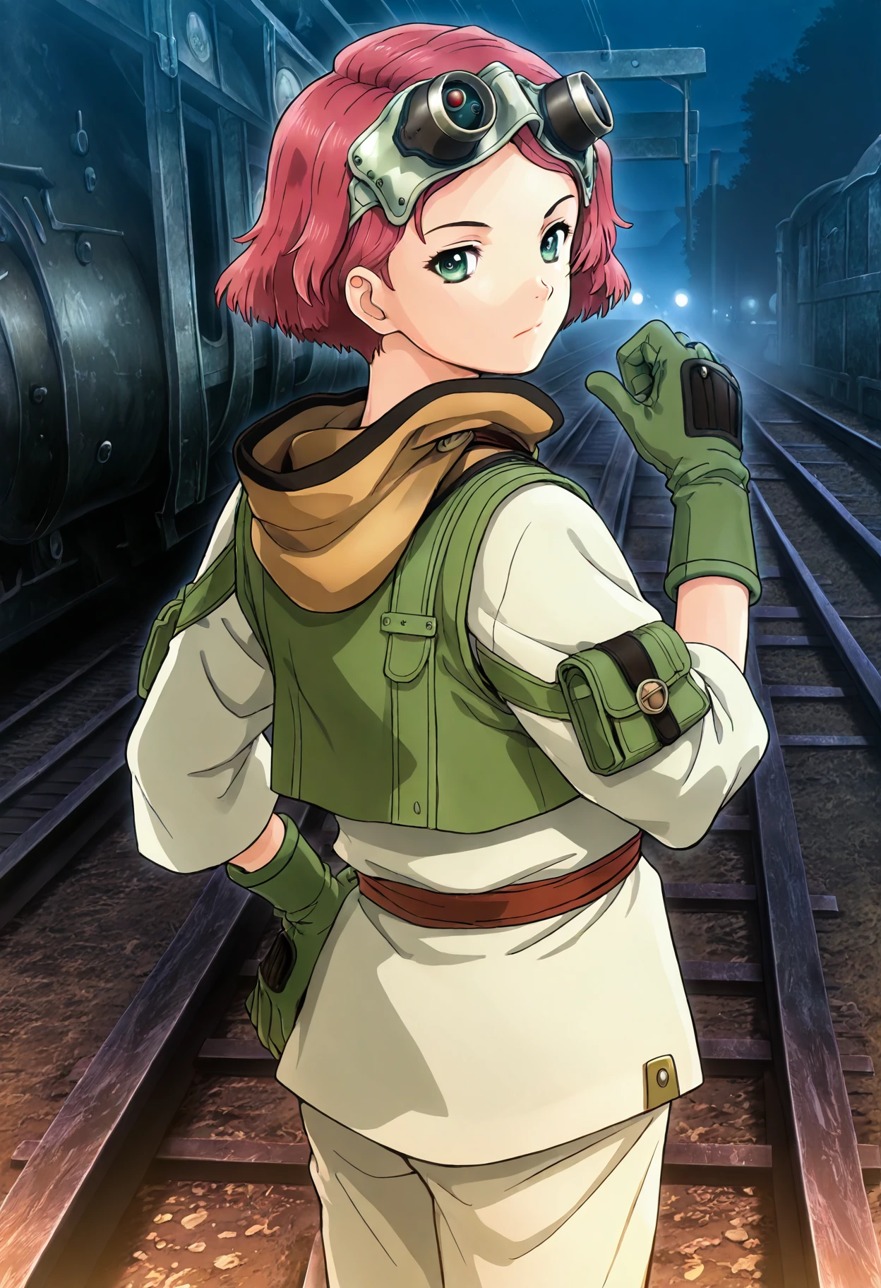 yukinakabaneri, 1girl, solo, green eyes, short hair, goggles on head, red hair, hand on hip, hood down, green gloves, green vest, standing, closed mouth, long sleeves, red belt, cowboy shot, standing, railroad tracks, looking at viewer, hand up, looking back, from behind, night, karate gi, <lora:yukinakabaneri_ill:1>