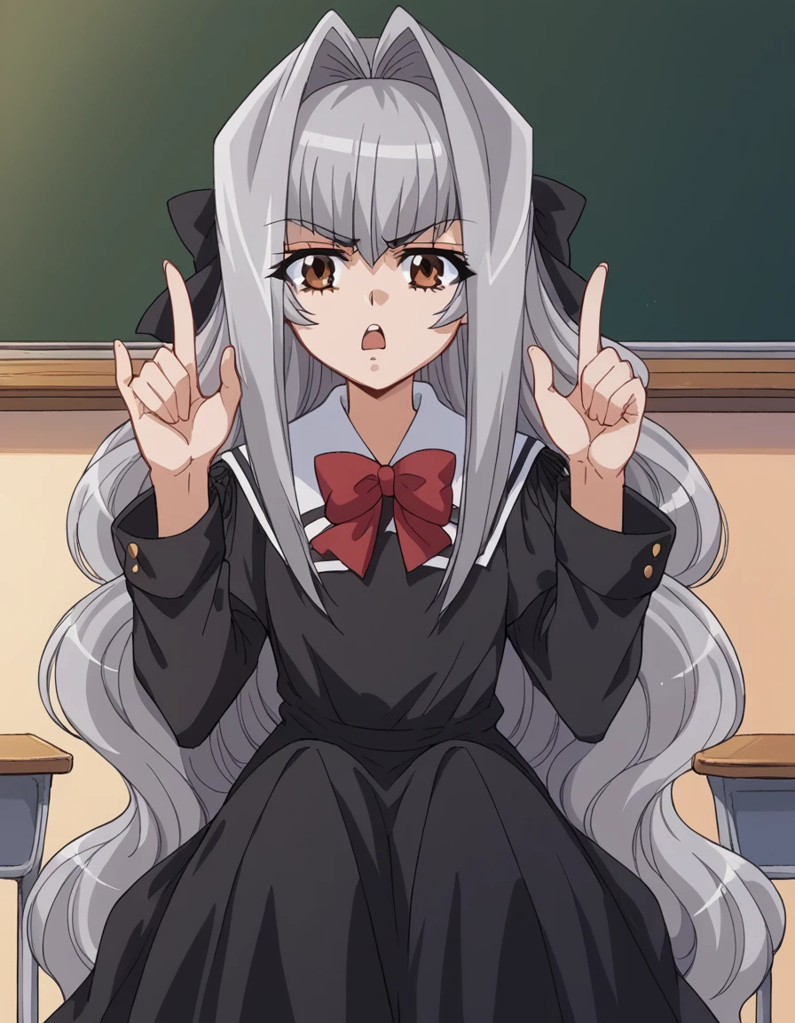 score_9, score_8_up, score_7_up, source_anime, <lora:anju-maaka-s1-ponyxl-lora-nochekaiser:1>, anju maaka, long hair, bow, ribbon, brown eyes, very long hair, hair bow, grey hair, sidelocks, hair intakes, black hair bow,, long sleeves, dress, bow, ribbon, school uniform, bowtie, black dress, red bow, red bowtie, classroom, chalkboard, day time, studying, sitting, chair, desk,, , <lora:horns-pose-ponyxl-lora-nochekaiser:1>, horns pose, index fingers raised, angry, steam, open mouth, shouting, anger vein,, looking at viewer, solo,, dutch angle, cowboy shot