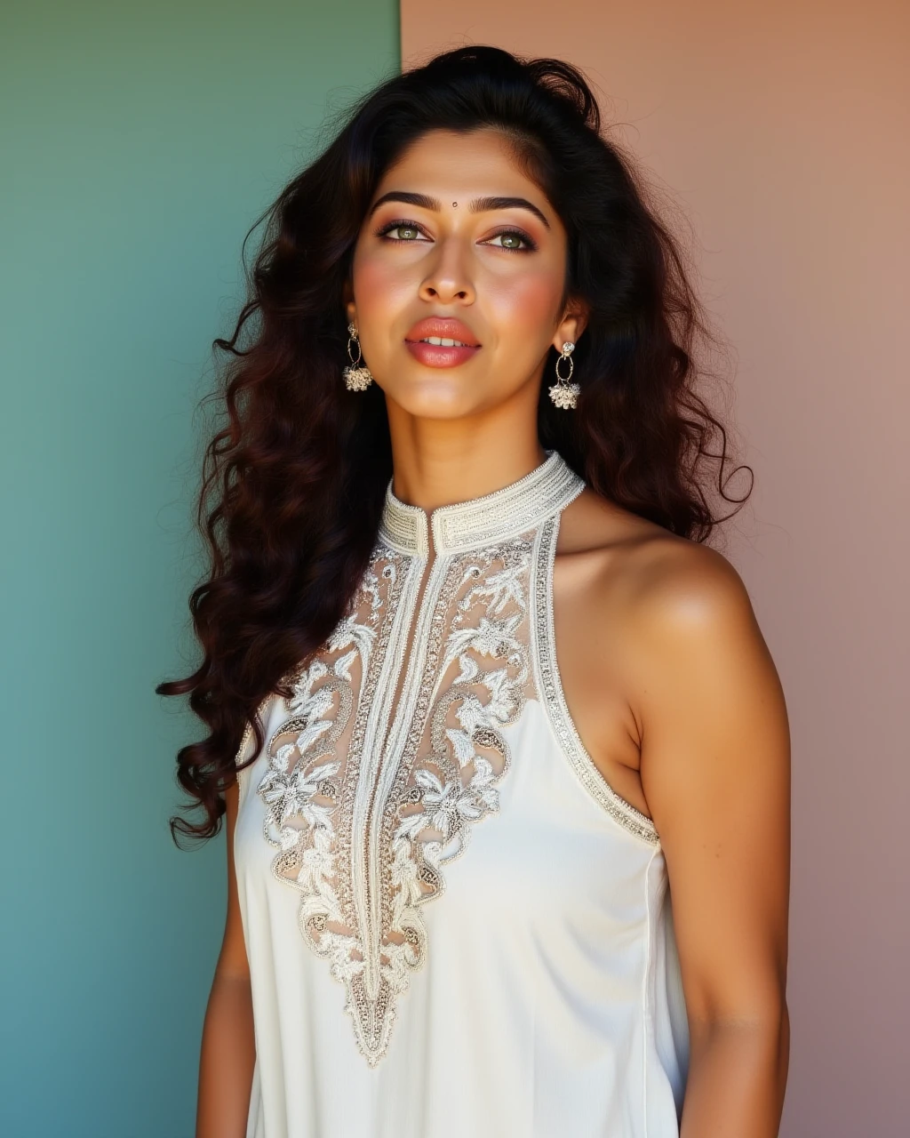 cowboy shot photo of sonarika bhadoria woman,paparazzi photo, shouting face,studio quality, wearing intricate high neck elegant White sleeveless Churidar Suit, curls, darker pastel shaded multicolored background<lora:TestBed\Sonarika_Bhadoria_Flux_Kohya_V1-000002.safetensors:1.0:1.0>