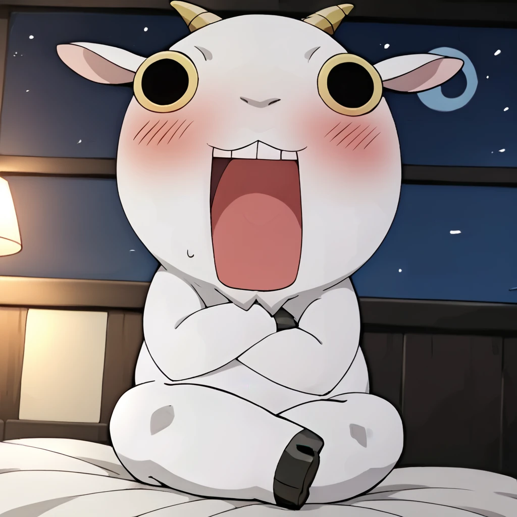 dutch angle, <lora:Don_Valentino-000015:1> cdidonv, solo, anthropomorphism goat, goat boy, 1boy, plump, night, bed, white underwear, topless, furry male, solid circle eyes, open mouth, nervous, full body, parody, crossed legs, v arms, blush, score_9, score_8_up, score_7_up, score_6_up, score_5_up, score_4_up