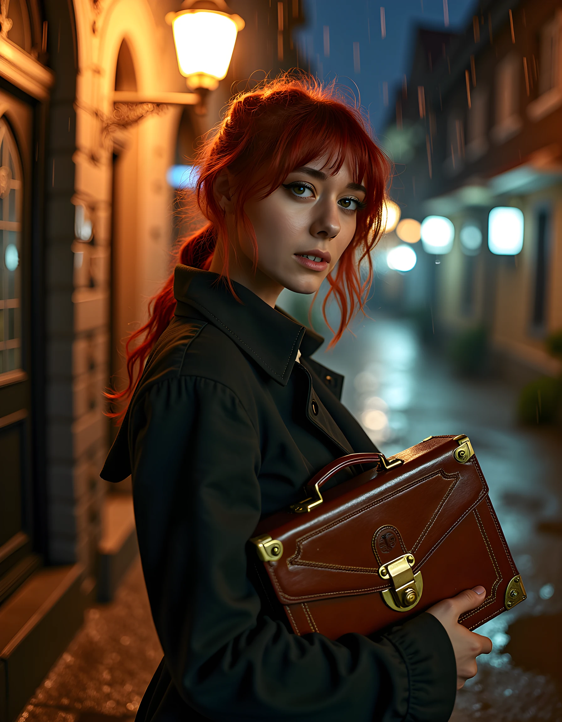 In a noir-inspired scene, a striking woman named Jul14N4C is captured in a dramatic close-up by the camera's lens. She stands tall and confident against a rain-soaked alleyway backdrop, her silhouette illuminated by a solitary streetlamp casting long, dramatic shadows. Her eyes reflect the gritty city lights with an intensity that matches her fiery red hair. The intricate, steampunk-inspired outfit she wears shimmers under the dim light, adorned with brass gears and intricate metal patterns. A trench coat is draped over her shoulders, its edges billowing in the wind as she clutches a vintage leather briefcase tightly against her chest, her jaw set determinedly as she glances over her shoulder, seemingly on the verge of making a decision that could change everything.