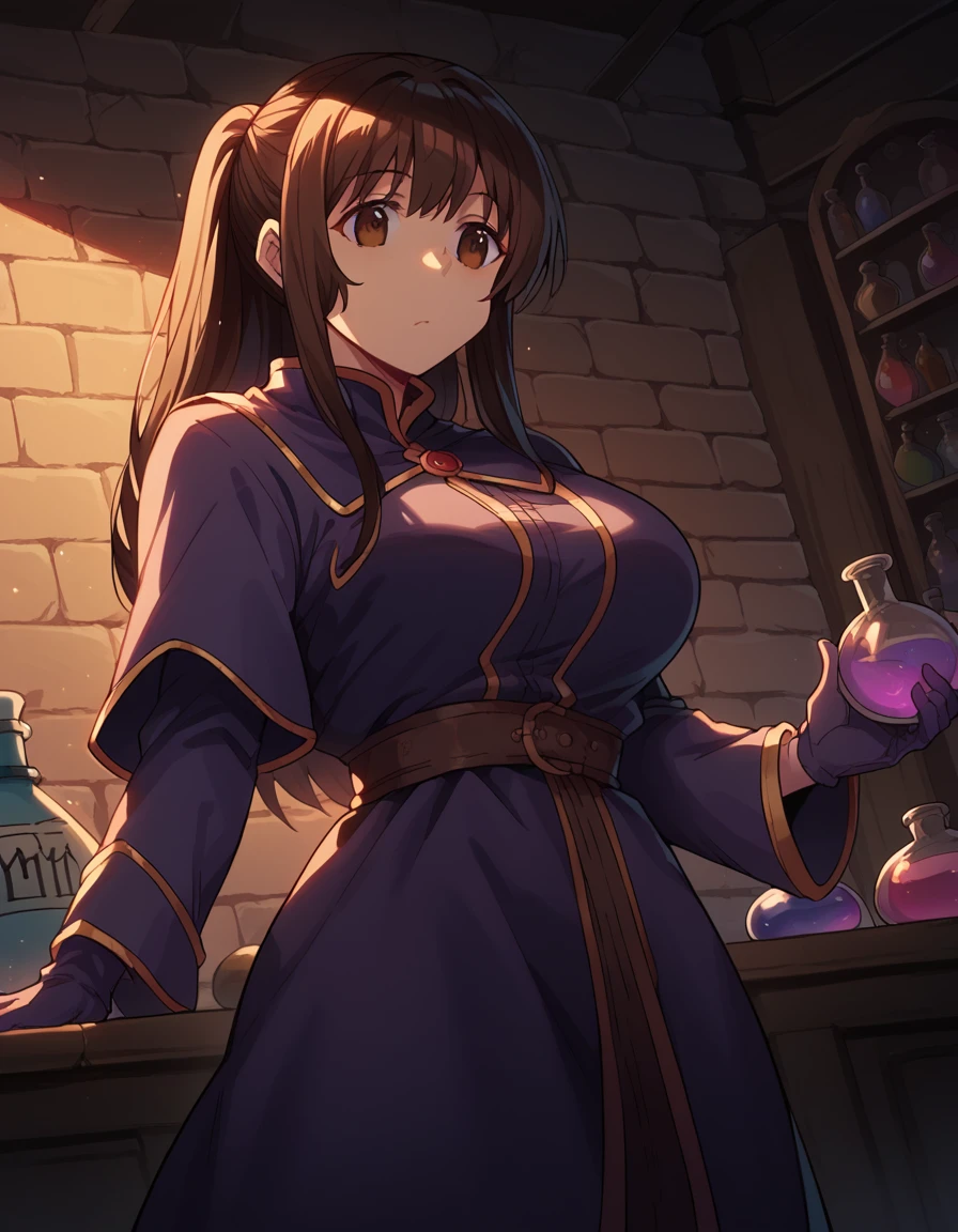 score_9, score_8_up, score_7_up, source_anime, <lora:yuzuru-inamori-s2-ponyxl-lora-nochekaiser:1>, yuzuru inamori, long hair, brown hair, brown eyes, ponytail, large breasts,, <lora:wizard-ponyxl-lora-nochekaiser:1>, wizard, wizard hat, robe, dress, long sleeves, gloves,, indoors, bricks, potion, flask, vial,, cowboy shot,, , dutch angle, cowboy shot