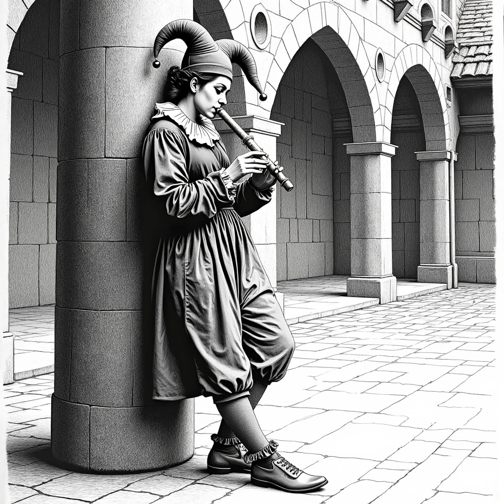 Imagine an image in the style of an etching of a female jester leaning against a stone pillar in a medieval courtyard, playing a small flute. Her simple jester costume, complete with pointed shoes and bells, contrasts with the heavy stone architecture behind her. The scene is intricately detailed, with fine lines creating texture and depth.